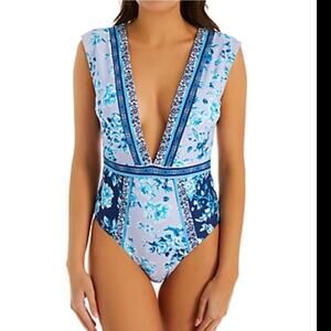 Nanette Lepore NEW Blue/Lavender Floral Plunge Neck One-Piece Swimsuit Womens 10